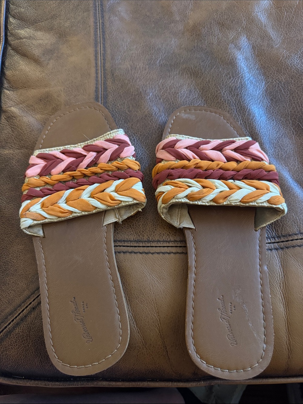 Universal Thread Brown Slide Sandals with Pink, Orange & Cream Braids